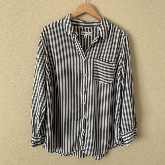 Ava & Viv Blouse Blue White Stripe Button Down - Picture 1 of 5